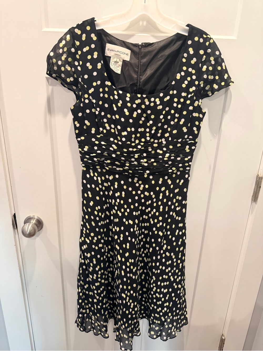 Vintage Evan Picone Polka Dot Dress Black Ruched Fit Flare Size 6